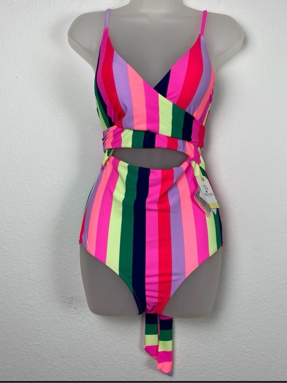 Shade critters striped multi color rainbow one piece swimsuit front tie size 6